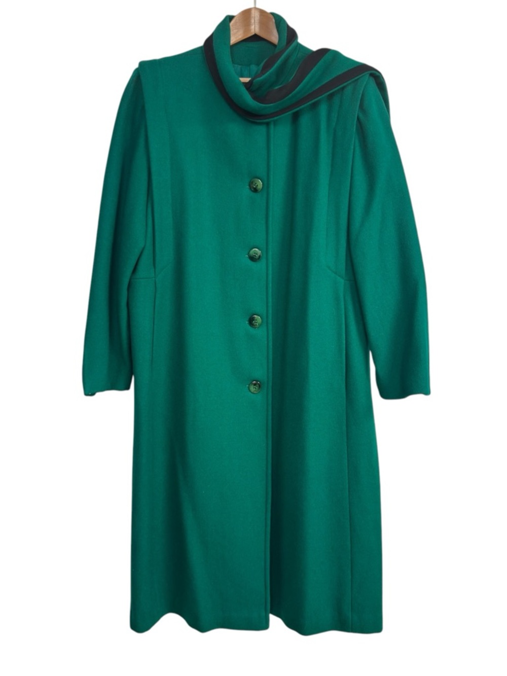 Vintage Projections Green Wool Coat Scarf Collar Button USA Womens M Elegant